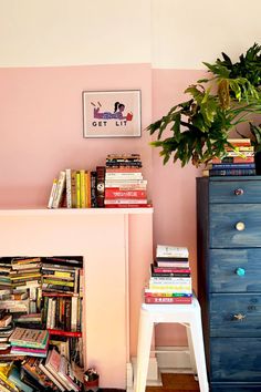 a blue dresser with books on it and a potted plant in front of it