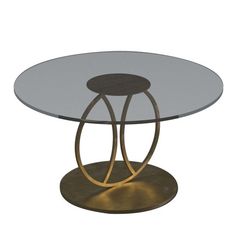 an oval glass table with two metal legs and a circular base, on a white background