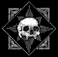 a black and white drawing of a skull on a black background with an intricate design