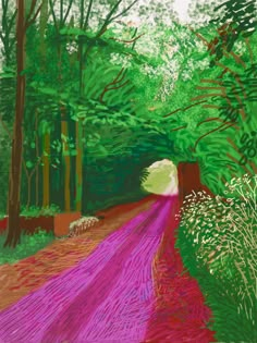 a drawing of a road in the woods with trees and bushes on both sides, surrounded by foliage