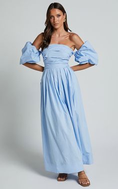 Annie Midi Dress - Off The Shoulder Ruffle Sleeve Pleated Dress in Pale Blue | Showpo USA Elegant Ruffled Off Shoulder Dress For Day Out, Elegant Off-shoulder Ruffled Dress For Day Out, Elegant Off Shoulder Dress With Ruffles For Day Out, Elegant Off Shoulder Ruffled Dress For Day Out, Chic Off-shoulder Dress With Pleated Sleeves, Summer Formal Off Shoulder Dress With Ruffles, Spring Billowy Midi Dress For Party, Spring Off Shoulder Fitted Dress, Summer Off-shoulder Pleated Sleeves Dress