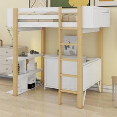 a white loft bed sitting next to a dresser and chair in a room with yellow walls