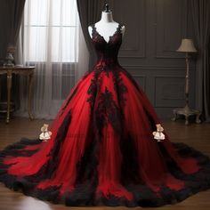 New Red and Black Lace Applique Ball Gown Wedding Dress Robe De Mariage Plus Size Full-Length Bridal Gown Bride Dress W3-2.20 sold by Liaumin on Storenvy Prom Dress With Train, Red Wedding Dress, Prom Dress Plus Size, Pretty Prom Dresses, Prom Formal, Fantasy Dress