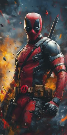 a painting of deadpool holding a baseball bat