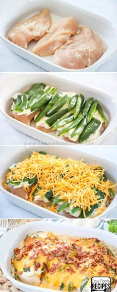 three different types of casserole dishes with chicken, green beans and cheese in them