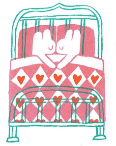 a drawing of two people in a bed with hearts on the covers and pillows,