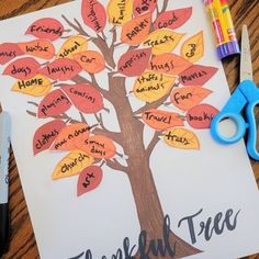 a family tree is shown with markers and crayons on the table next to it