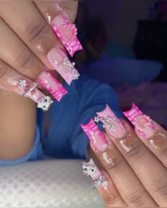 Nails Acrylic Crazy Art Ideas, Acrylic Nails Extra Designs, Med Acrylic Nails Square, Cute Long Nails With Charms, Pink Duck Nails With Charms, Cute Nails Acrylic With Charms, Medium Length Junk Nails, Pink Nail Charms, Pink Exotic Nails