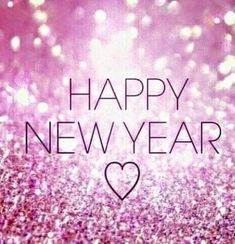 the words happy new year are written in black and white on purple glitters with a heart