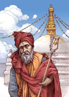 an old man with a red turban is holding a staff in his hand