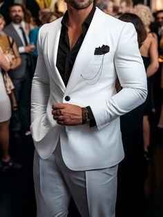 Bianco Festa Collar   Colore unico  Embellished Non-Elastico Groom Suits For Wedding White, White Tuxedo For Groom, White Groom Suit, White Suit, White Prom Suit, White Wedding Suits For Men, Mens Christmas Party Outfit, Mens White Suit, White Tuxedo Wedding