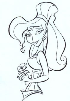 an image of a cartoon character with long hair and a flower in her hand, she is