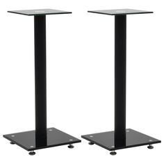 pair of black metal and glass pedestals on casteors for audio speakers or bookshelves