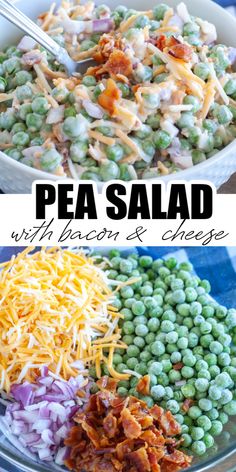 Bowl of peas, cheese, bacon and onion. Green Pea Salad With Bacon And Cheese, Pea Onion Bacon Salad, Bacon Pea Salad 12 Tomatoes, Easy Side Salads Simple, Creamy Peas Side Dishes, Bacon And Pea Salad, The Best Pea Salad, Loaded Pea Salad, Sweet Pea Side Dishes