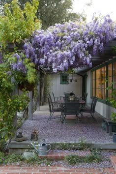 an outdoor dining area with purple flowers on the pergolated roof and brick walkway