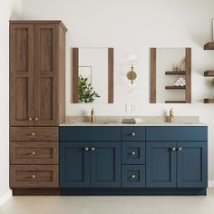 a bathroom with two sinks, cabinets and mirrors on the wall next to each other