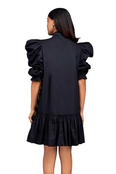 Black dress with gathered bottom and all over contrasting pleated frill detailing on front. - Aza Fashions Black Dresses With Pleated Hem And Short Sleeves, Black Short Sleeve Dress With Pleated Hem, Knee-length Puff Sleeve Dress With Ruffles For Daywear, Black Knee-length Dress With Pleated Sleeves, Chic Voluminous Puff Sleeve Dress With Ruffles, Chic Black Dress With Gathered Sleeves, Puff Sleeve Dress With Ruffle Hem For Work, Black Short Sleeve Dress With Pleated Sleeves, Chic Knee-length Puff Sleeve Dress With Ruffles