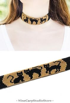 a woman wearing a black and gold beaded choker with an elephant design on it