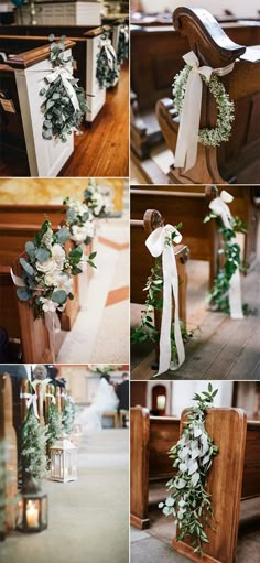 wedding flowers and greenery are arranged on the pews