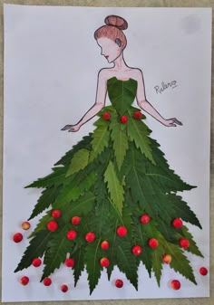 a drawing of a woman in a green dress made out of leaves and cherries