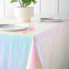 the table is set with two plates and a potted plant