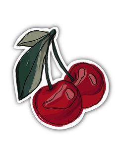 two cherries with green leaves sticker on a white backgrounge background