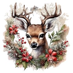 a deer with antlers is surrounded by holly and berries