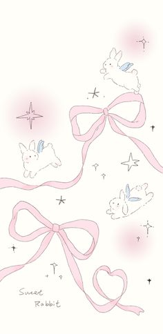 a drawing of pink ribbon with angels and stars on it, as well as hearts