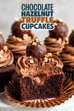 chocolate hazelnut truffle cupcakes on a plate with the title above it