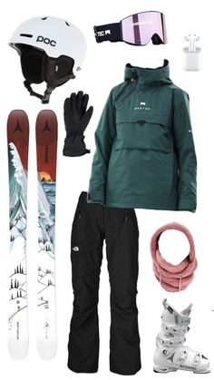 a snowboarder's gear including skis, gloves, and goggles