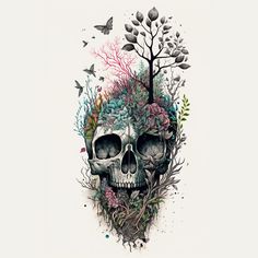 a drawing of a skull with trees and flowers on it's head, surrounded by butterflies