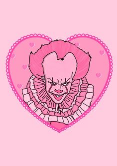 a pink heart with a drawing of a creepy clown on it's face in the center