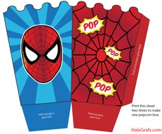 two spiderman popcorn boxes are shown with the same design on each side, and one is