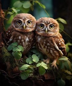 two owls sitting on top of a tree branch with green leaves around their necks and eyes wide open