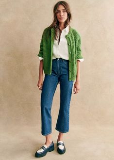 Green Cardigan Outfit, Look Jean, Cool Girl Style, Chique Outfits, Rib Knit Cardigan, Green Cardigan, Stylish Work Outfits, Cardigan Outfits, Cardigan Fashion