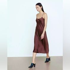 New, Never Worn Elegant Spaghetti Strap Dresses For Fall, Fall Silk Sleeveless Midi Dress, Elegant Brown Slip Dress For Date Night, Elegant Fall Slip Dress, Elegant Slip Dress For Date Night In Fall, Chic Brown Midi Dress With Spaghetti Straps, Elegant Midi Slip Dress For Fall, Elegant Midi-length Slip Dress For Fall, Elegant Midi Length Slip Dress For Fall