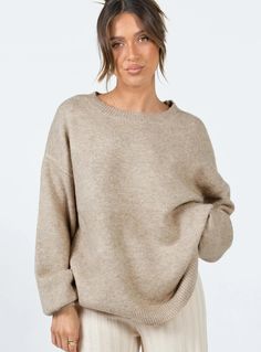 Ryanna Sweater Beige Oversized Fine Knit Top, Neutral Oversized Knit Top, Oversized Knit Top With Ribbed Neckline, Oversized Neutral Knit Top, Oversized Knit Top In Neutral Color, Oversized Soft Knit Beige Top, Versatile Stretch Soft Knit Top, Neutral Soft Knit Top, Soft Knit Neutral Color Top