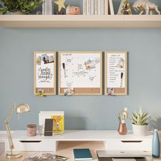 a desk with two pictures hanging on the wall