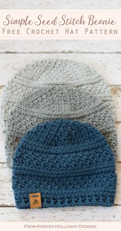 two knitted beanies sitting on top of each other with the text, simple seed stitch