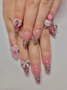 Gyaru Nails, Cute Pink Nails, Nails Y2k, Kitty Nails, Y2k Nails, Hello Kitty Nails, Acrylic Nails Coffin Pink