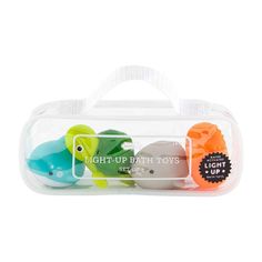 the light up bath toys are in a plastic box with its lid open and two different colors