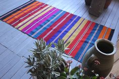 a potted plant sitting on top of a wooden floor next to a striped rug