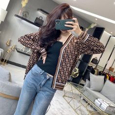 Knitted cardigan sweater high quality double F letter tees jacquard temperament V-neck thin knit jacket Knitting Women Cardigan, Plus Size Outerwear, Knit Tees, Outerwear Coats, Knitting Women, Knit Jacket, Knit Sweater Cardigan, Long Sleeve Cardigan, Cardigan Jacket