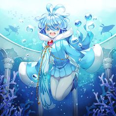 an anime character is floating in the water with her arms around her body and head