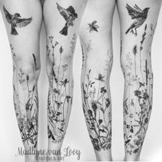 three leg tattoos with birds and flowers on them