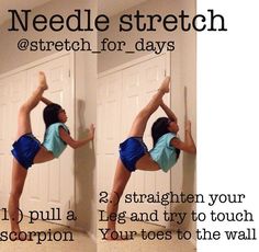 a woman doing a handstand in front of a door with the words needle stretch on it