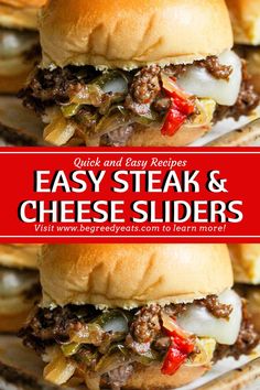 two cheeseburgers stacked on top of each other with the words easy steak and cheese sliders