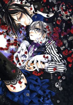 two anime characters are hugging each other in front of red and black flowers on the ground