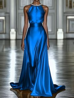 Luxury Blue Sleeveless Evening Dress, Elegant Blue Sleeveless Gown, Elegant Sleeveless Blue Gown, Luxury Blue Maxi Length Halter Dress, Blue Rhinestone Evening Gown, Luxury Chic Blue Halter Dress, Blue Floor-length Evening Dress With Rhinestones, Lace Wedding Guest Dress, Floor Length Prom Dresses