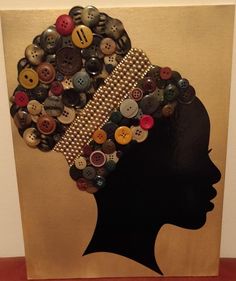 a woman's head with buttons on it in the shape of a button collage